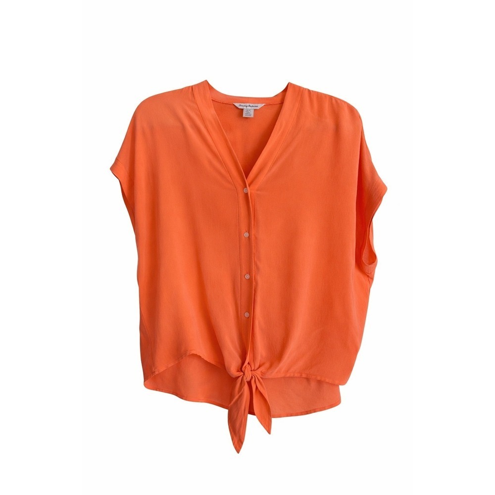 Tommy Bahama 100% Silk Tie Front Blouse Soft Orange Small Petite